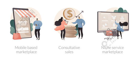 電子商務(wù)應(yīng)用程序抽象概念矢量插圖集。基于移動(dòng)的市場、咨詢銷售、利基服務(wù)在線零售、使用智能手機(jī)抽象隱喻買賣產(chǎn)品。電子商務(wù)應(yīng)用程序抽象概念矢量插圖。